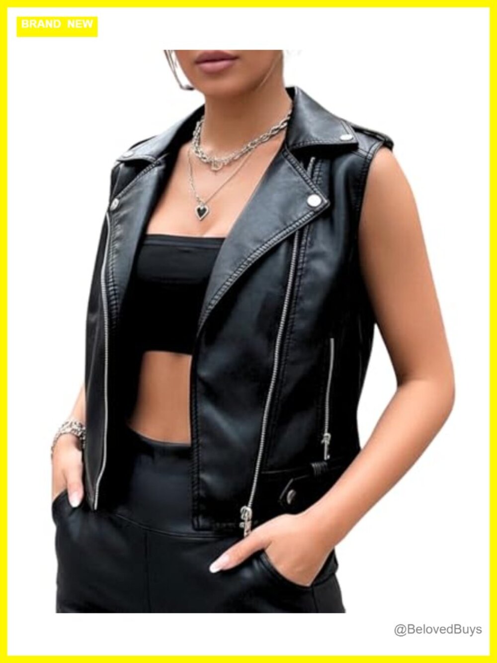 Women's Faux Leather Motorcycle Vest Sleeveless Biker Jacket Zipper Pockets